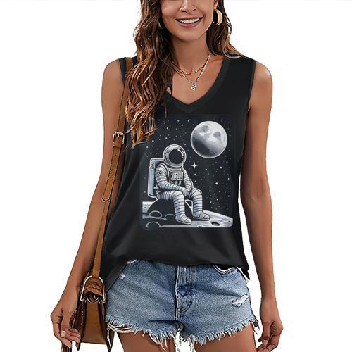 Aesthetic Spaceman Astronaut On The Moon Space Introvert Women's V-Neck Tank Top - Raresse