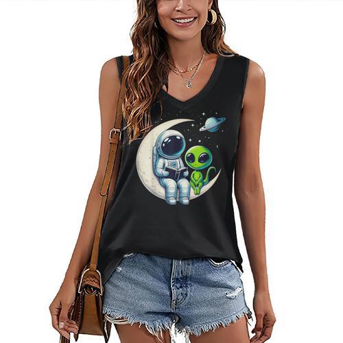 Astronaut Reading Book To Alien Shirt Moon Space Lover Kids Women's V-Neck Tank Top - Bookorys