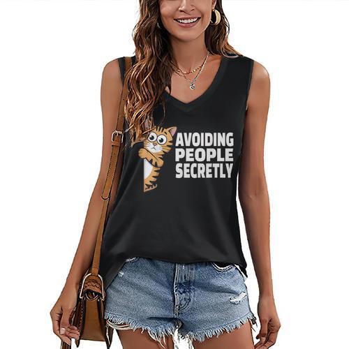Avoiding People Secretly Cat Introvert Humor Women's V-Neck Tank Top - Raresse