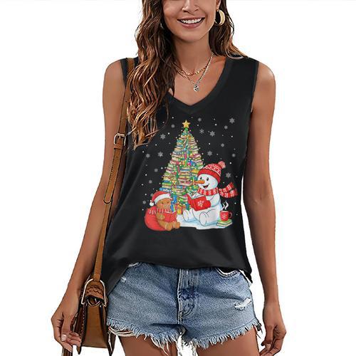 Book Christmas Tree Bookworm Gingerbread Man Snowman Reading Women's V-Neck Tank Top - Bookorys DE