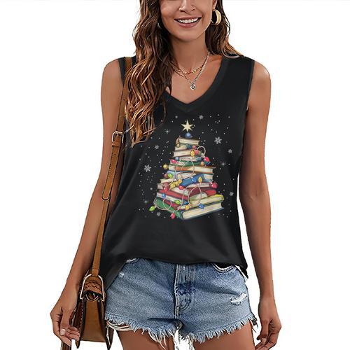 Book Christmas Tree Teacher Book Lover Crew Neck Modern Classic Christmas Small Short Sleeve -Adults -Kids Women's V-Neck Tank Top - Bookorys DE