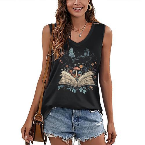 Book Lover Crow Cottagecore Flowers Book Women's V-Neck Tank Top - Bookorys CA