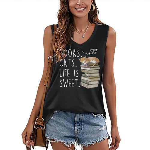 Book Lovers Books Cats Life Is Sweet Cat Lovers Women's V-Neck Tank Top - Bookorys