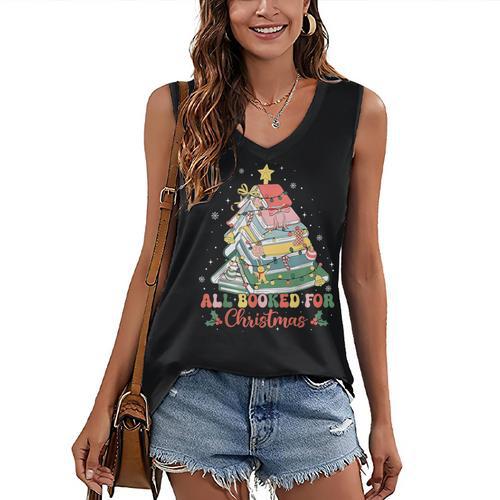 All Booked For Christmas Book Lovers Xmas Tree Lights Women's V-Neck Tank Top - Bookorys