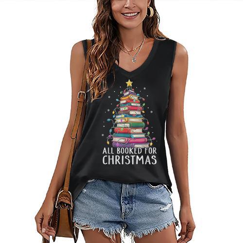 All Booked For Christmas Book Christmas Tree Lights Women's V-Neck Tank Top - Bookorys