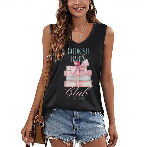 Bookish Babes Club Cute Pink Book Stack With Bow Women's V-Neck Tank Top - Bookorys