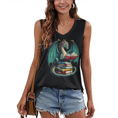 Books Dragon Reading Book Lover Women's V-Neck Tank Top - Bookorys