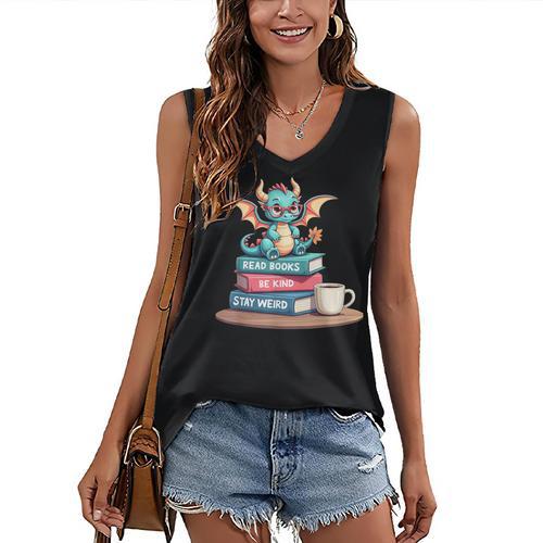 Bookworm Book Dragon Read Books Be Kind Stay Weird Women's V-Neck Tank Top - Bookorys AU