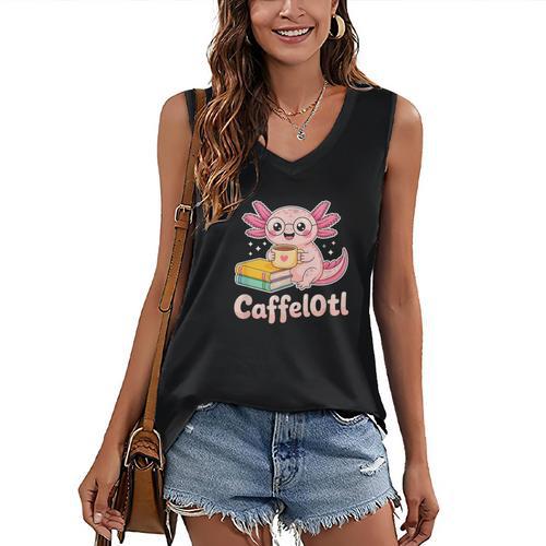 Caffelotl Cute Axolotl Pun Coffee Book Lover Kawaii Humor Women's V-Neck Tank Top - Bookorys DE