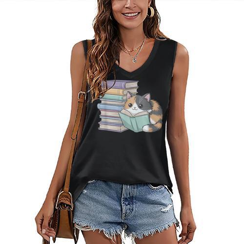 Cat On Books Pets Cats Reading Book Nerd Read Reader Bookcat Women's V-Neck Tank Top - Bookorys