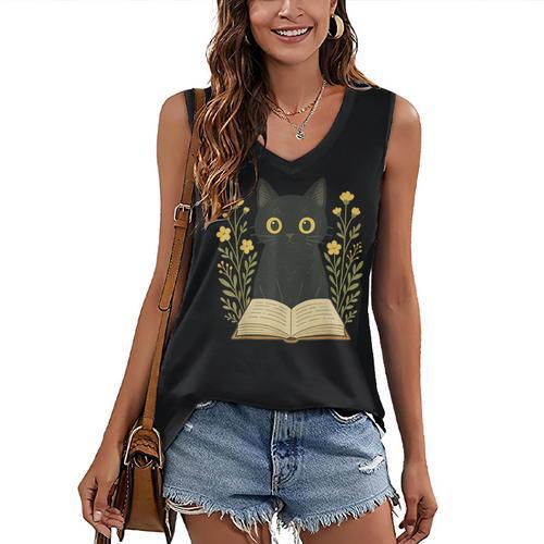 Cat Reading Book Flowers Women's V-Neck Tank Top - Bookorys AU