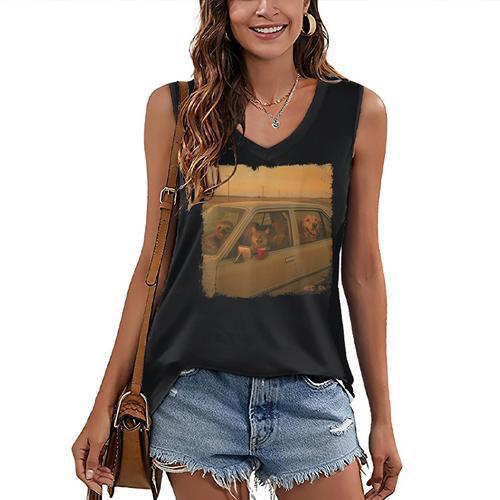 Cat Sloth Dog Retro Nostalgia Roadtrip Photo Women's V-Neck Tank Top - Figerry
