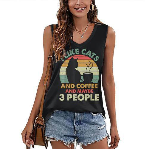 Cats Coffee & 3 People Tee Cute Font Introvert Humor Women's V-Neck Tank Top - Raresse