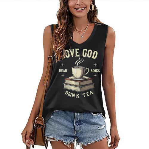 Christian Bookworm Love God Read Books Drink Tea Women's V-Neck Tank Top - Bookorys DE