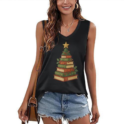Christmas Book Tree Bookshelf Holiday For Readers Librarians Women's V-Neck Tank Top - Bookorys