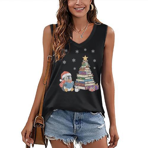 Christmas A Penguin Reading Book Snowflake Cocoa Hot Teacher Women's V-Neck Tank Top - Bookorys DE
