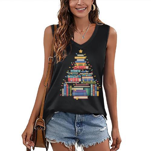 Christmas Tree Made Of Books Librarian Reader Holiday Women's V-Neck Tank Top - Bookorys CA