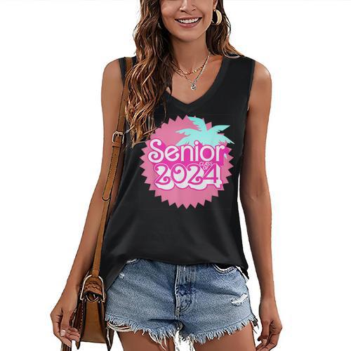 Class Of 2024 Senior Pink Retro Classic Girl Grad Graduation Women's V-Neck Tank Top - Best Gift Smart