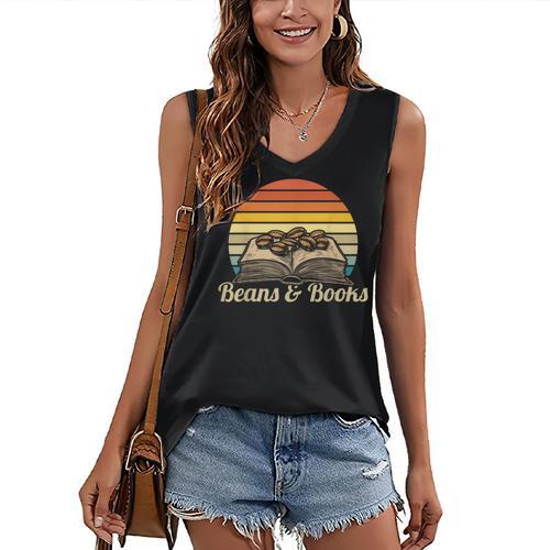 Coffee Beans & Books Retro Bookworm Librarian Women's V-Neck Tank Top - Bookorys