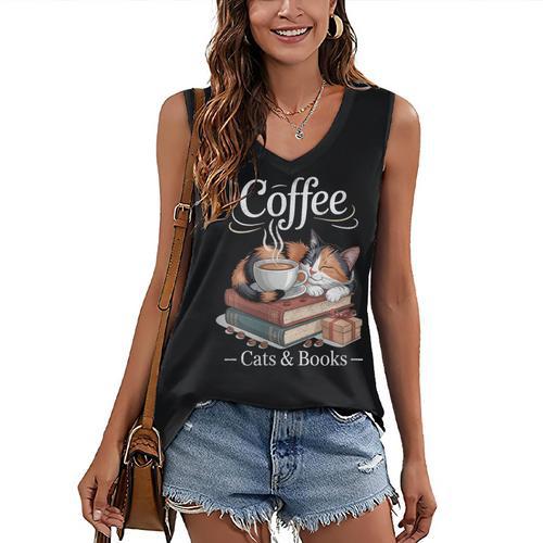 Coffee Cats And Books Cozy Calico Reader Love Cute Cat Women's V-Neck Tank Top - Bookorys
