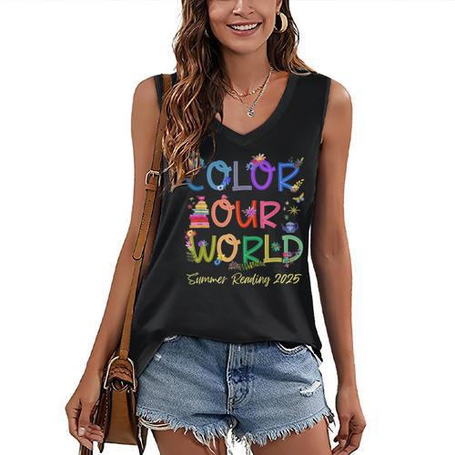 Color Our World Summer Reading 2025 Boho Wildflower Book Women's V-Neck Tank Top - Bookorys
