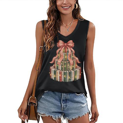 Coquette Christmas Book Tree Xmas Lights Librarian Teacher Women's V-Neck Tank Top - Bookorys DE