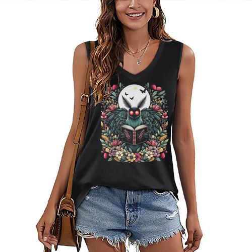 Cottagecore Aesthetic Mothman With Book Cryptid Women's V-Neck Tank Top - Bookorys