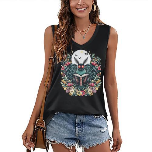 Cottagecore Aesthetic Mothman Book Lover Camping Women's V-Neck Tank Top - Bookorys DE