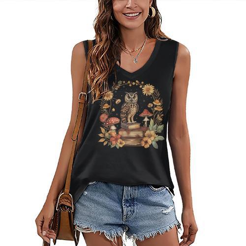 Cottagecore Aesthetic Owl Books Mushroom Witchy Floral Women's V-Neck Tank Top - Bookorys DE