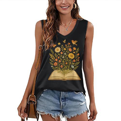Cottagecore Enchanting Open Vintage Book Wildflowers Bloomin Women's V-Neck Tank Top - Bookorys