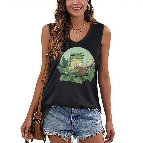 Cottagecore Frog Reading a Book Women's V-Neck Tank Top - Bookorys DE