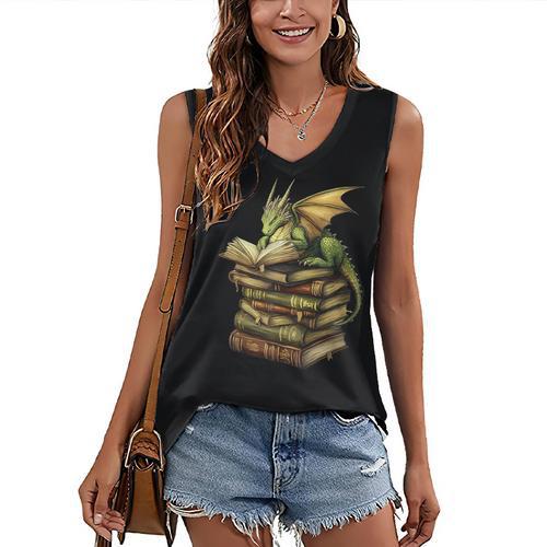 Cottagecore Moon Mushroom Dragon Sitting On Book Goblincore Women's V-Neck Tank Top - Bookorys AU