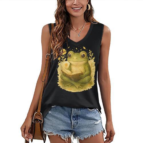 Cottagecore Whimsical Green Frog Peacefully Reading Book Women's V-Neck Tank Top - Bookorys DE