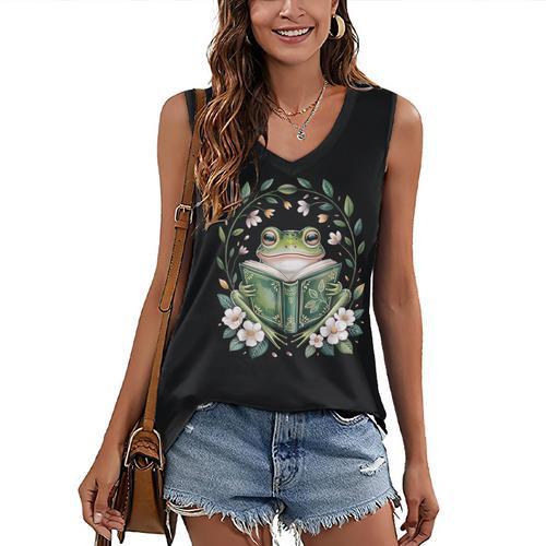 Cottagecore Whimsical Green Frog Read A Book Nature Flowers Women's V-Neck Tank Top - Bookorys DE
