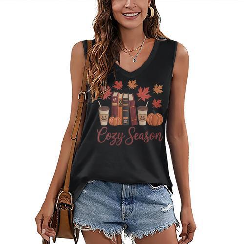 Cozy Season Autumn Leaves Books Pumpkins Fall Halloween Women's V-Neck Tank Top - Bookorys