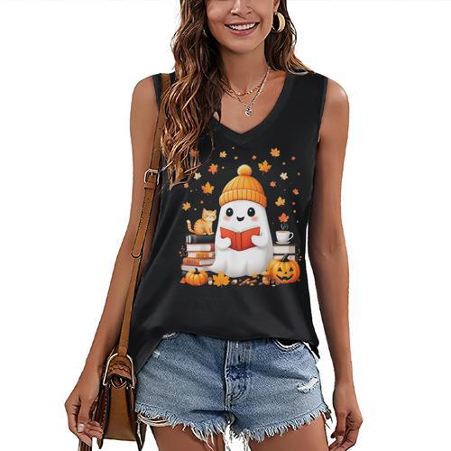 Cute Beanie Ghost Bookworm Cozy Book Reading Halloween Women's V-Neck Tank Top - Bookorys
