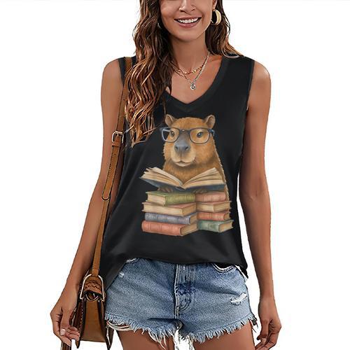 Cute Capybara Reading Books Animal Capybara Bookworms Women's V-Neck Tank Top - Bookorys CA