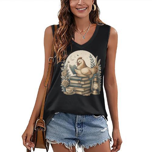 Cute Cottagecore Aesthetic Chicken Reading Book Nerd Women's V-Neck Tank Top - Bookorys AU