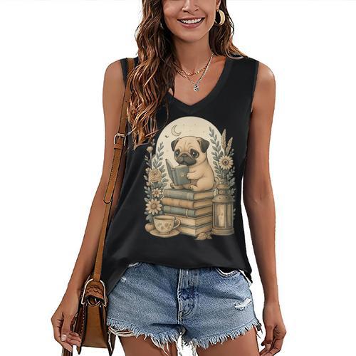 Cute Cottagecore Aesthetic Dog Pug Reading Book Nerd Women's V-Neck Tank Top - Bookorys AU