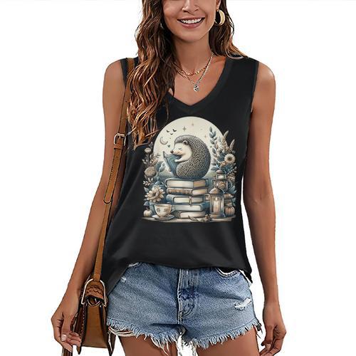 Cute Cottagecore Aesthetic Hedgehog Reading Book Nerd Women's V-Neck Tank Top - Bookorys AU