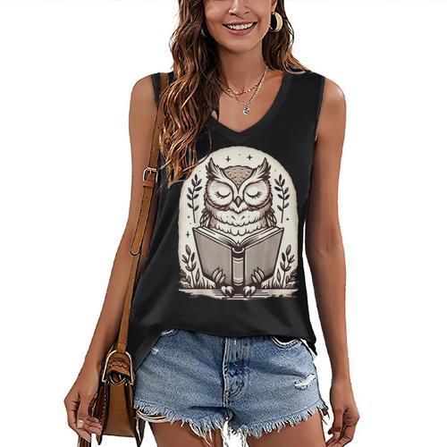 Cute Cottagecore Aesthetic Owl Reading Book Women's V-Neck Tank Top - Bookorys CA
