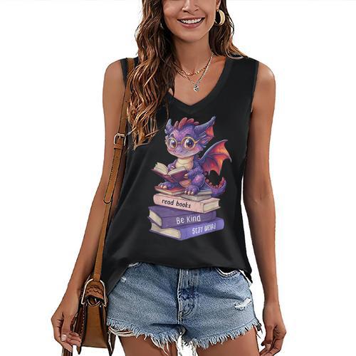 Cute Dragon Read Books Be Kind Stay Weird Book Lover Women's V-Neck Tank Top - Bookorys