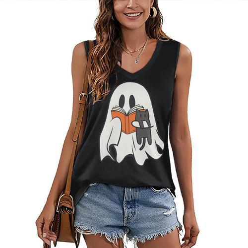 Cute Ghost Cat Reading Book Spooky Season Halloween Costume Women's V-Neck Tank Top - Bookorys