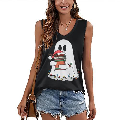 Cute Ghost Holding Books Bookish Christmas Women's V-Neck Tank Top - Bookorys DE
