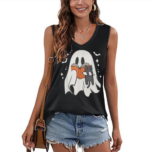Cute Ghost Reading Book Spooky Season Halloween Costume Kids Women's V-Neck Tank Top - Bookorys AU