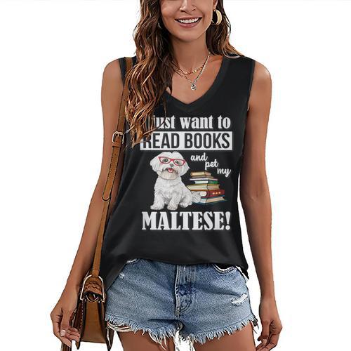 Cute Glasses Read Books & Pet My Maltese Lover Women's V-Neck Tank Top - Bookorys CA