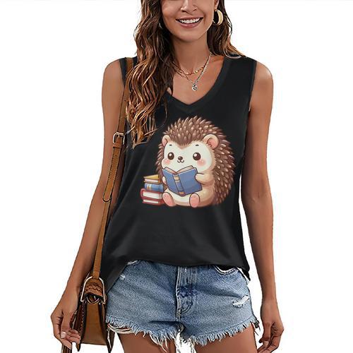 Cute Hedgehog Book Lover Readers Animal Reading Women's V-Neck Tank Top - Bookorys CA