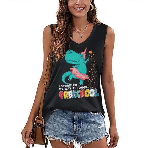 Cute Magical Ballerina Dino Unicorn Preschool Graduation Women's V-Neck Tank Top - Best Gift Smart