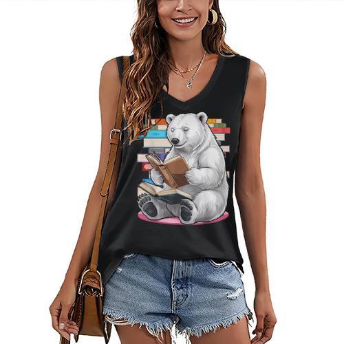 Cute Polar Bear Is Reading a Book Reading Polar Bear Women's V-Neck Tank Top - Bookorys