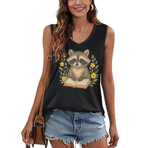 Cute Raccoon Reading Book Flowers Floral Women's V-Neck Tank Top - Bookorys DE